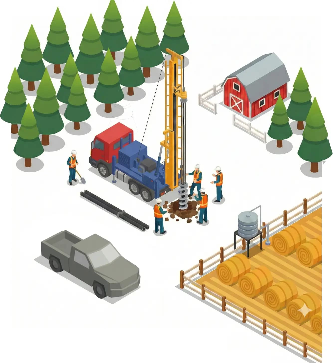 Izometrická ilustrácia vŕtania studní